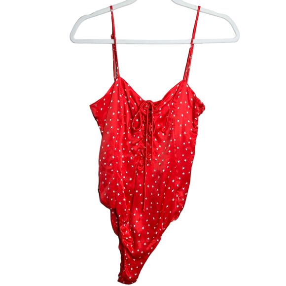 Zara Tops - Zara Star satin Effect Lace Up Bodysuit Size Medium Red & White NWT